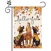 Hello Fall Dogs Garden Flag 12x18 Inch，Burlap Double Sided Maple Leaves and Pumpkin Autumn Leaves for autumnThanksgiving Holiday Outside Decorations Yard