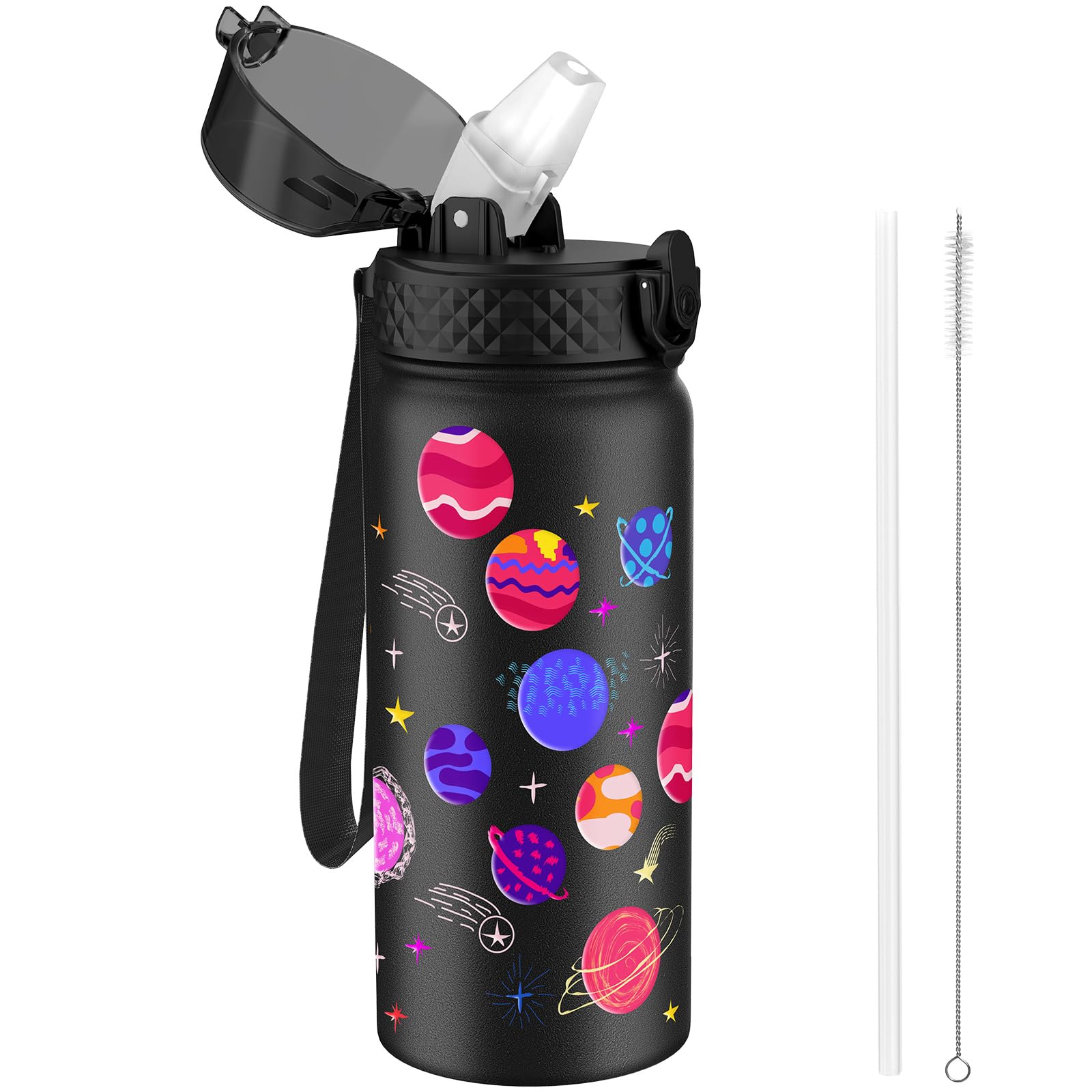 GOPPUS 550ml/18oz Kids Insulated Water Bottle with Straw Cute Double Wall Stainless Steel Child's Small Flask Vacuum Insulated Steel Metal Leak Proof Drink Flask Boys Toddler Girls Bottles BPA-Free