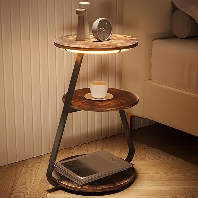 ARTETHYS Side Table Round 3-Tier Shelves with 3 LED Colors Rustic Brown