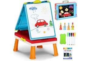 HOLYFUN Kids Art Easel Toys, Foldable Double-Sided Tabletop Easel with Chalkboard & Whiteboard, Painting Accessories Included, Creative Gift for Toddlers, Boys & Girls