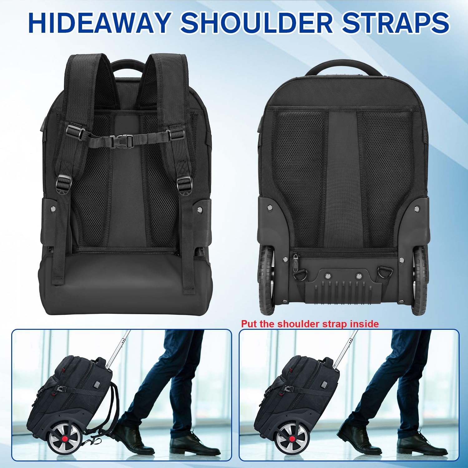 MATEIN Rolling Backpack for Men with Wheels, 17 Inch Large Wheeled Backpack with USB Charging Port & Combination Lock, Water Resistant Anti Theft Travel Laptop Backpack for Adults Work Business, Black