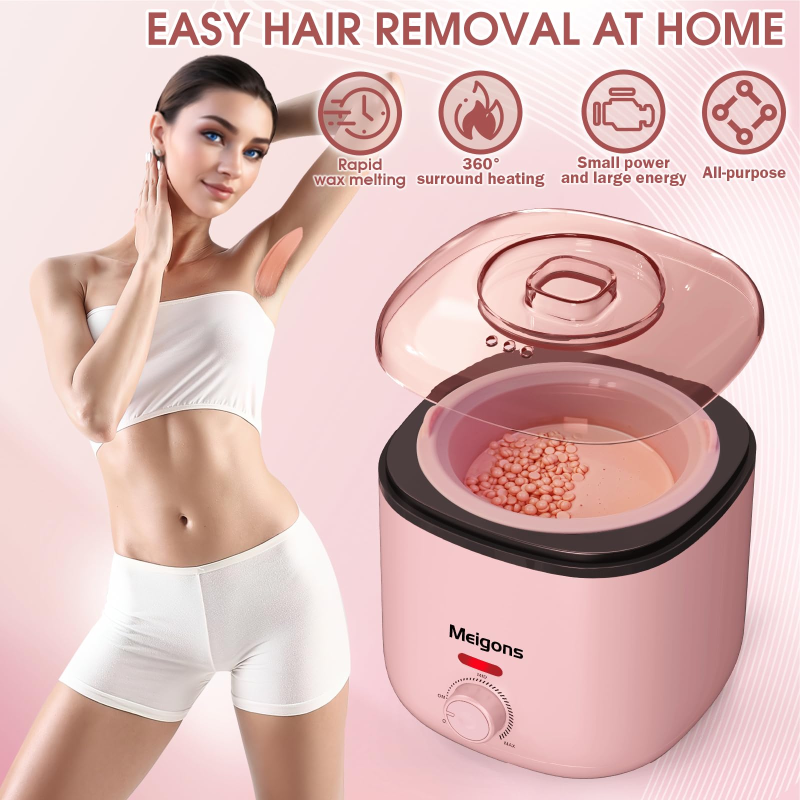 400ML Hair Removal Wax Warmer, Women Men Home Wax Heater with 20 Wax Sticks, 4 Bags of Wax Beans and 1 Silicone Bowl (Pink)