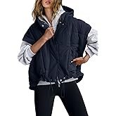Panadila Womens Puffer Vest Oversized Sleeveless Quilted Jacket Zip Up Shacket with Hood Fall Winter Poncho Tops