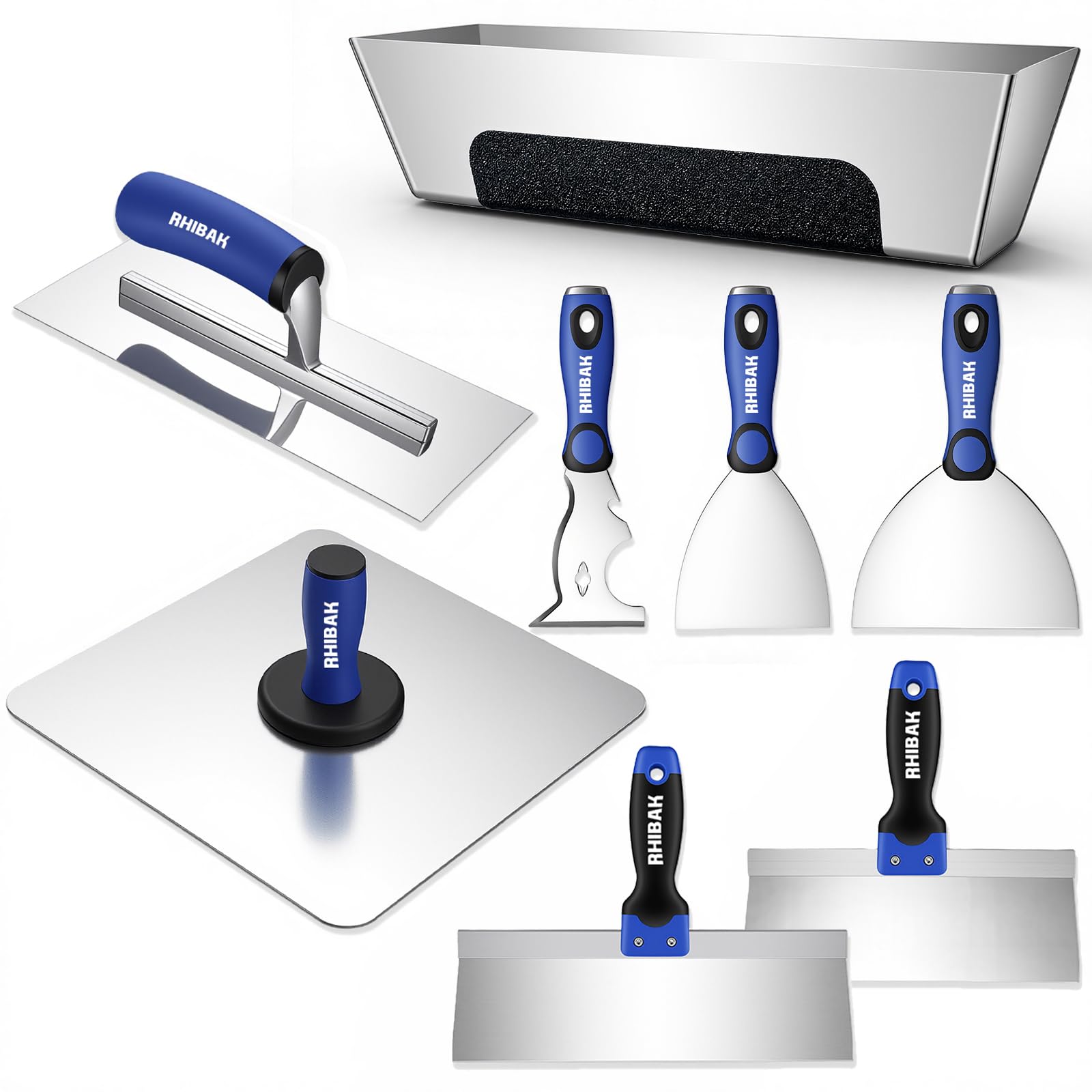 Photo 1 of Rhibak Drywall Hand Tools Kit, Putty Knife Set with Aluminum Hawk, Mud Pan, Flat Finishing Trowel, Multi-Fuctional Paniter Scraper