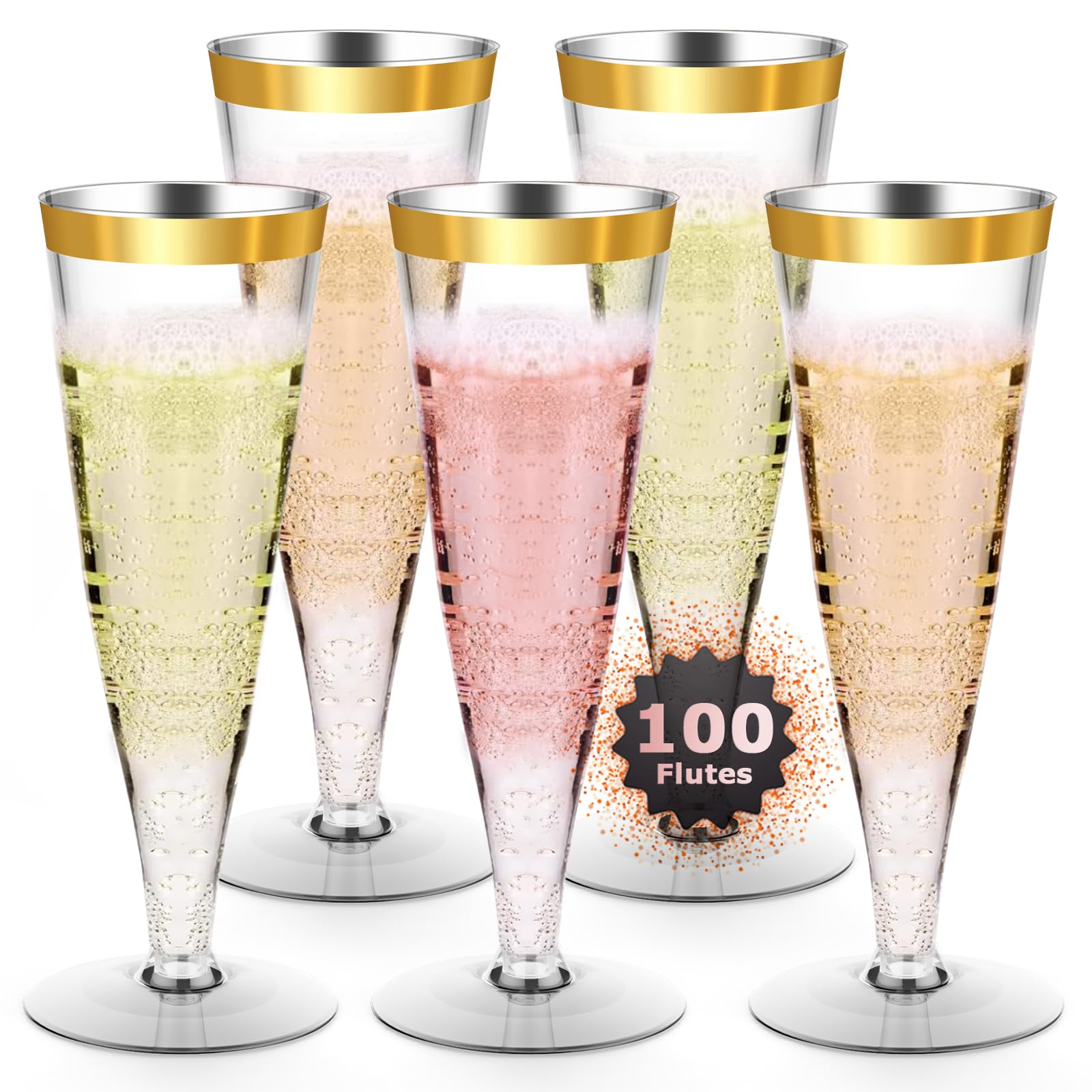 Photo 1 of 100 Pack Plastic Champagne Flutes Gold Rim Disposable Champagne Glasses, 4.5 Oz Mimosa Cocktail Toasting Cups Bulk for Valentine Day Party Supplies Wedding Bar, Copas De Plastico Para Brindis