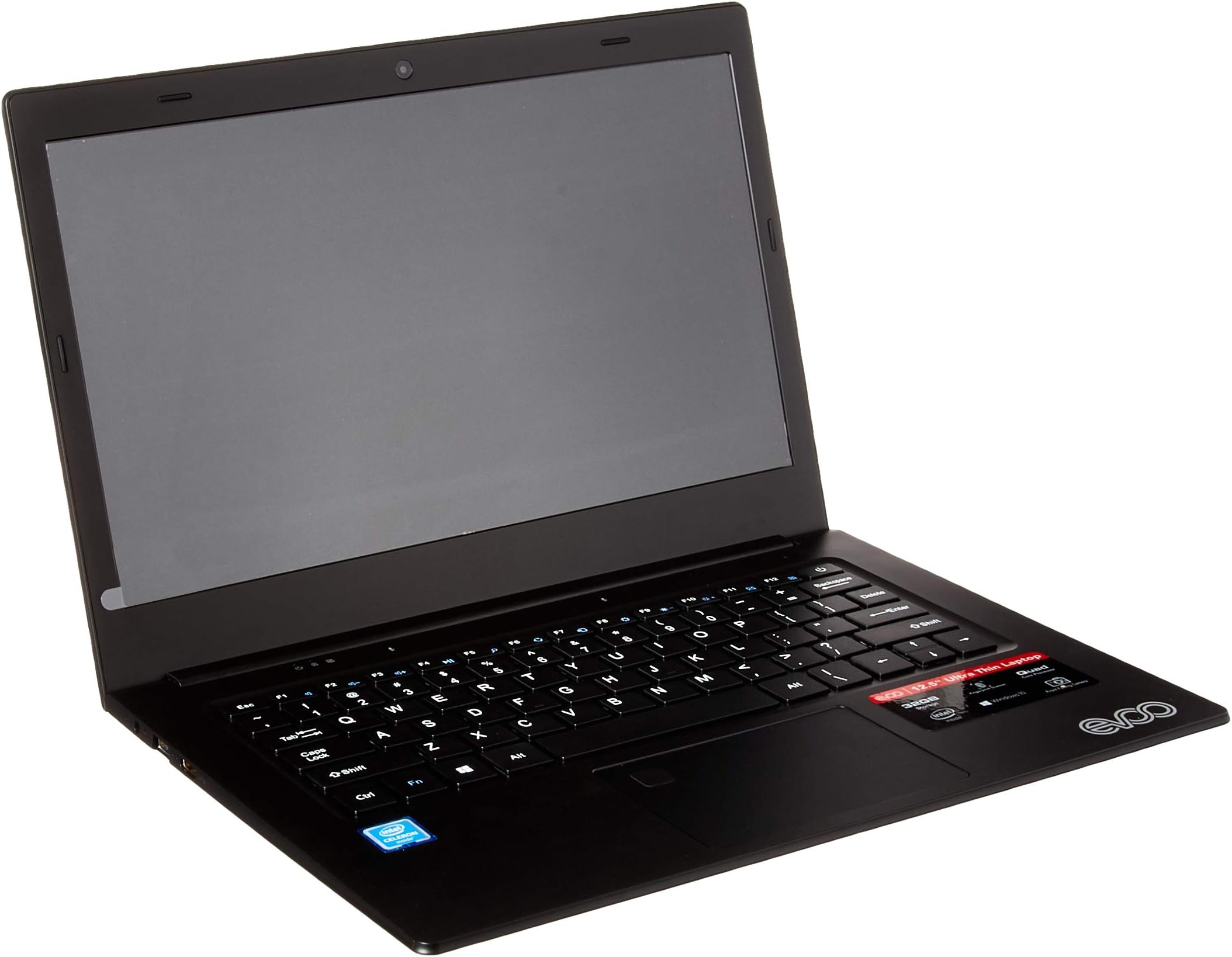 EVOO 12.5" HD Ultra Slim Laptop, Intel Celeron Quad Core CPU, 3GB RAM, 32GB Storage, Fingerprint Scanner, Black - EV-C-125-3-BK