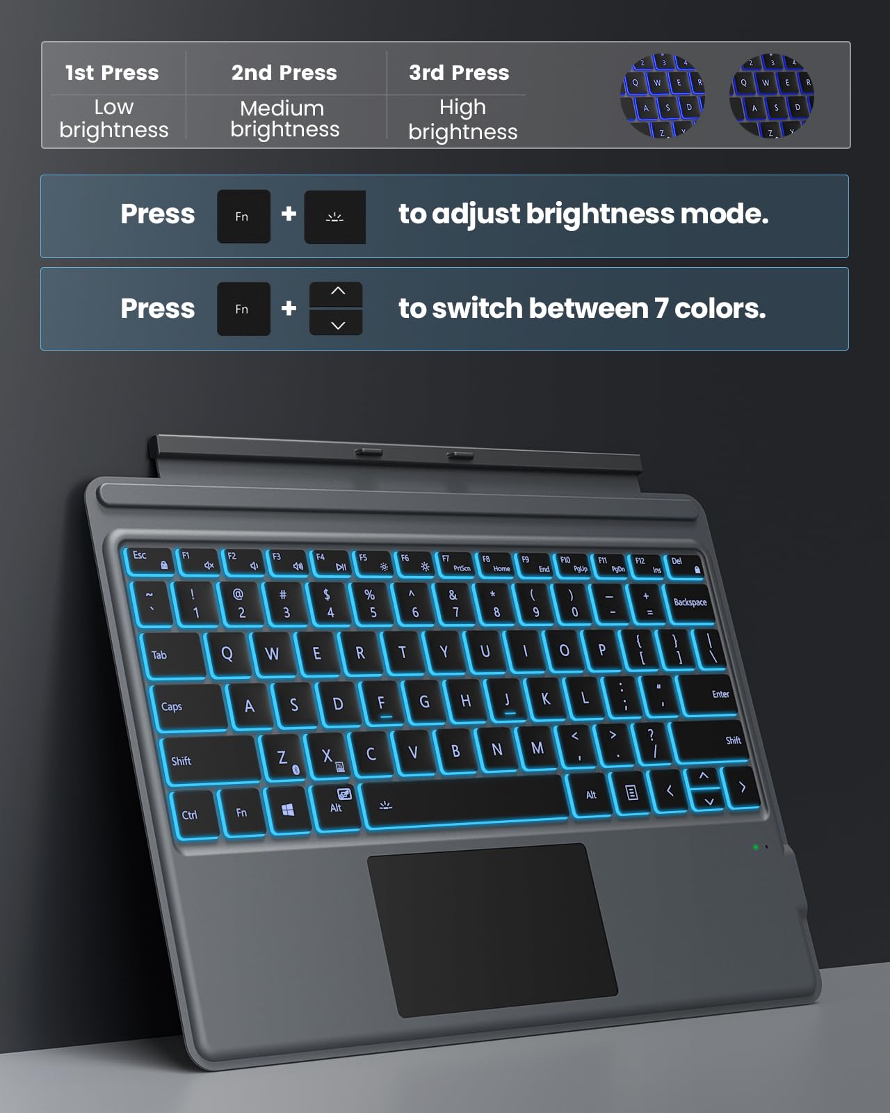 MoKo Type Cover Fit Microsoft Surface Pro 11/Pro 10/Pro 9/Pro 8/Pro X - 13 Inch, Portable Wireless Bluetooth Keyboard with Trackpad, 7-Color LED Backlit, Built-in Rechargeable Battery, Dark Gray