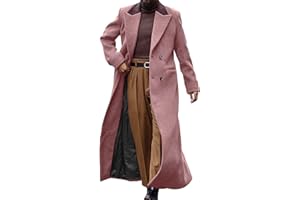 Lunuaoe Man's Double Breasted Full Length Trench Coat Casual Notch Lapel Long Jacket Peacoat Wool Blend Winter