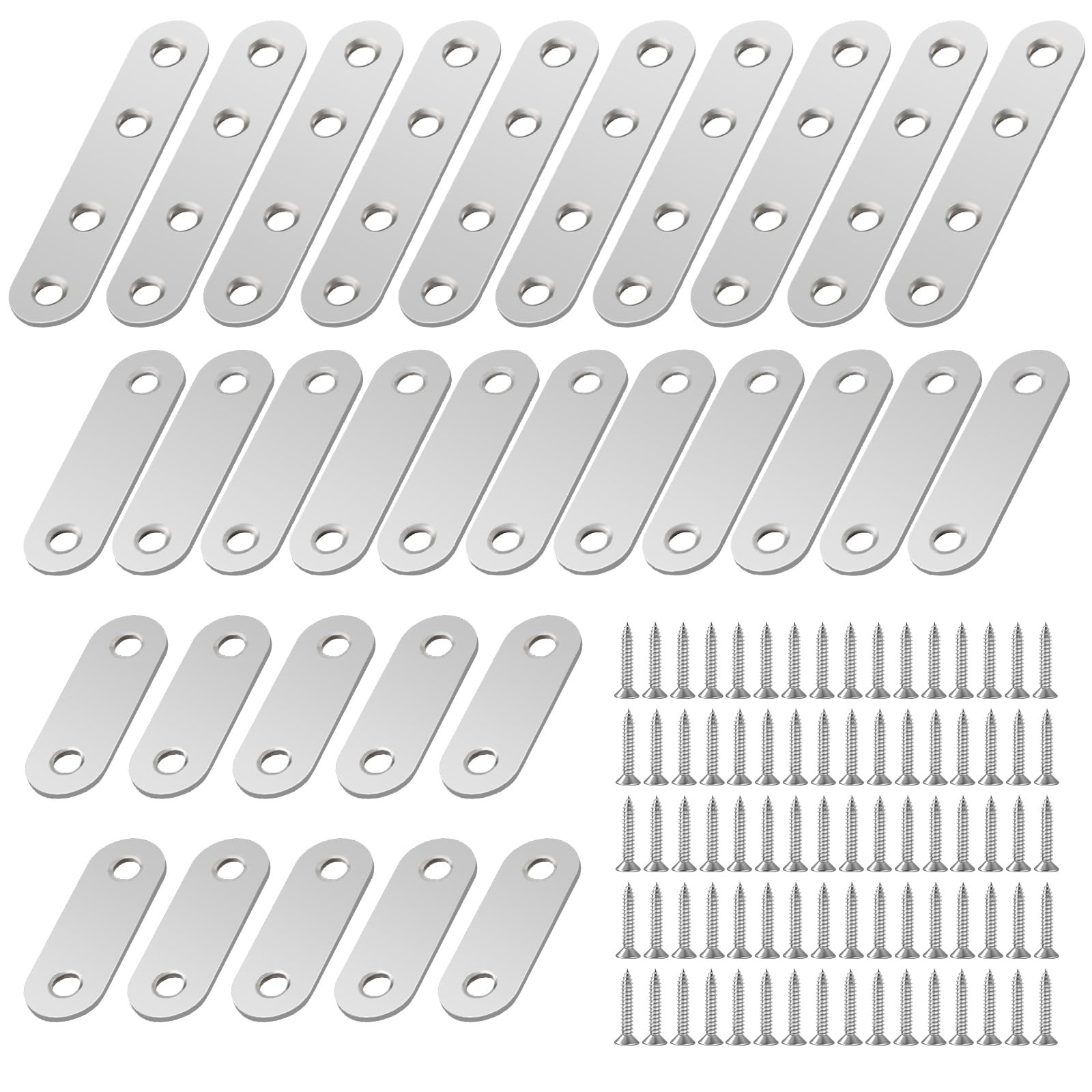 30 Pcs Flat Brackets for Wood, 3 Size Stainless Steel Mending Plates Straight Brace Corner Bracket with 80 Screws Metal Joining Plates for Repairing Fixing Furniture