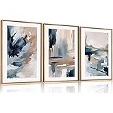 Aryroi Abstract Navy Blue Framed Canvas Wall Art Set,Neutral Brush Stroke Wall Decor,Watercolor Pastel Brown Artwork,Modern Minimalist Color Block Art Print For Living Room,Bedroom,Office-16 x24 x3