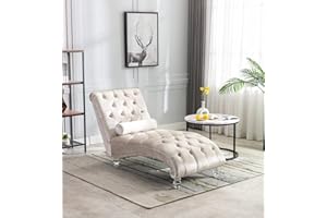 KINFFICT Velvet Chaise Lounge Chair with Toss Pillow, Modern Tufted Button Lounge Chair with Acrylic Legs, Upholstered Indoor Sleeper Chair for Living Room, Bedroom, Beige