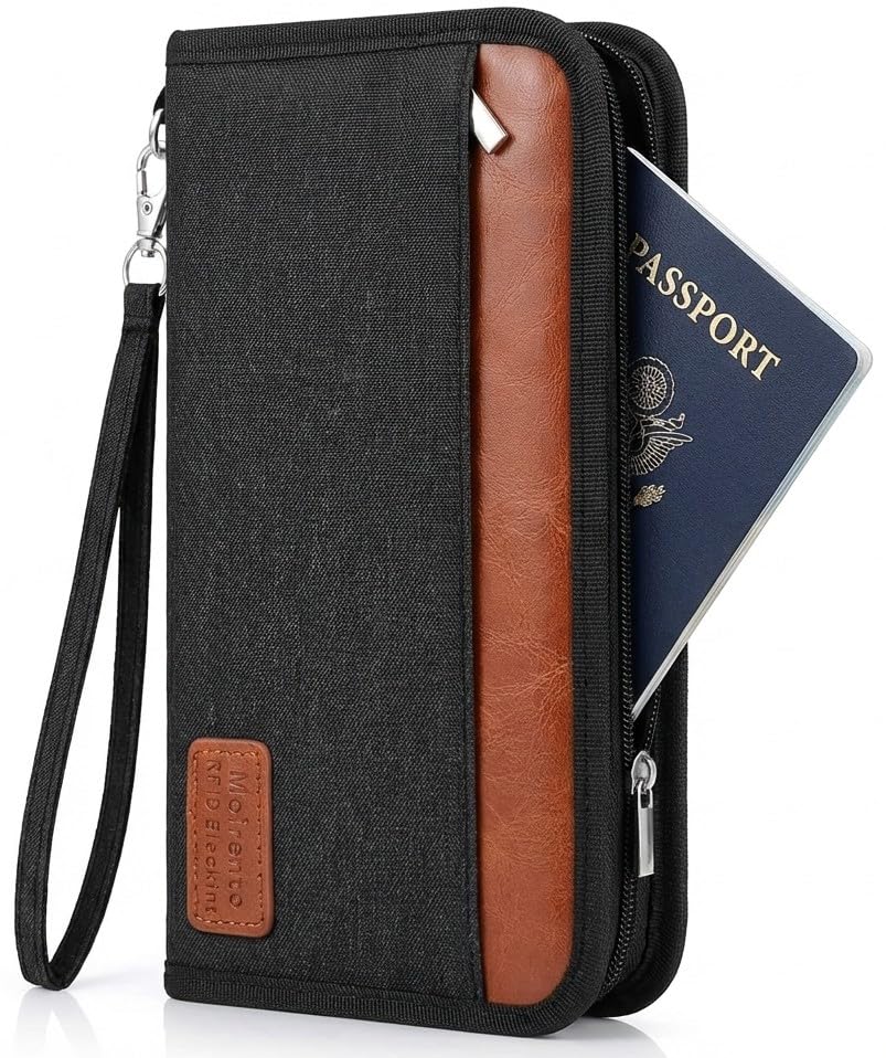 MOIRENTO Passport Holder Travel Wallet - RFID Secure Zip Around with Removable Wristlet - Water Resistant Passport Pouch, Ticket/Mobile/Coin Pockets, Pen Holder, Key Chain, Travel Wallet Organiser