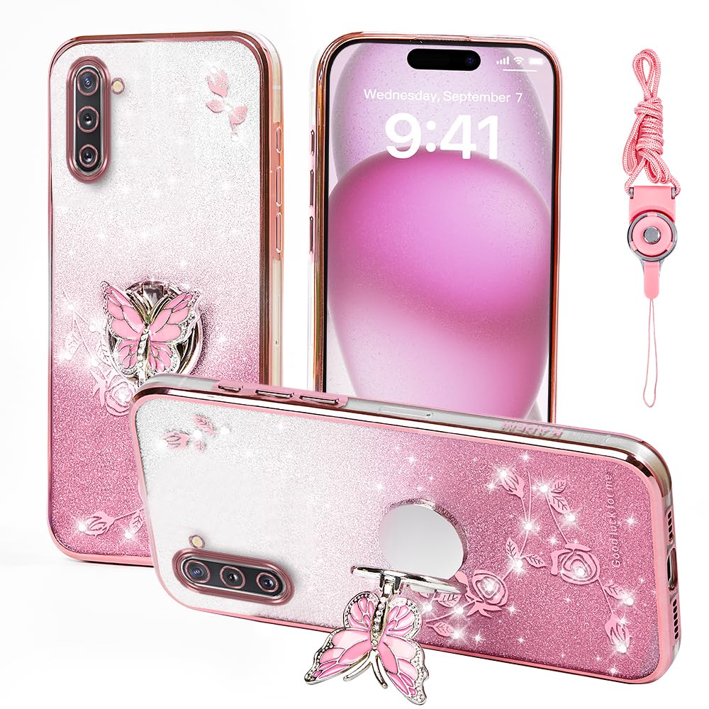RTYQXK for Samsung Galaxy Note 10 Phone Case,for Note10 Mobile Phone Case for Women and Girl, Glitter Butterfly Floral TPU Protective Cover with Kickstand+Strap for Samsung Note 10 (Pink)