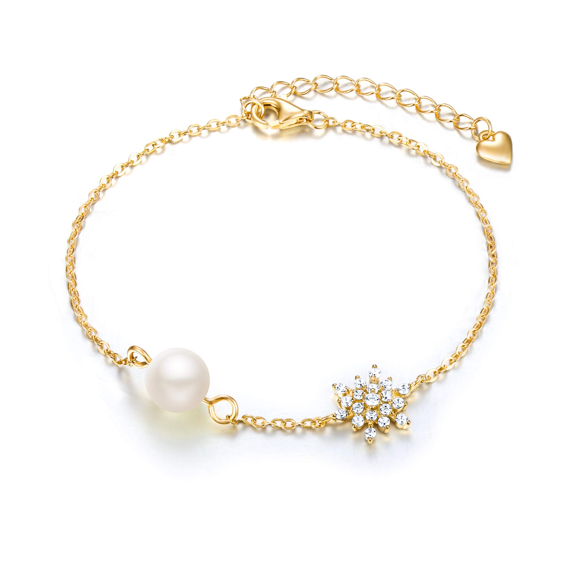 Ever Faith Women's 925 Sterling Silver Simulated Pearl CZ Simple Snowflake Link Bracelet Gold-Tone