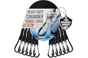 VBEST Strong Black Bungee Cords, Heavy Duty Outdoor - UV & Weather Resistant, 6-Piece Assorted Sizes Set with Carabiner Hooks Includes 2x48, 2x60, 2x72