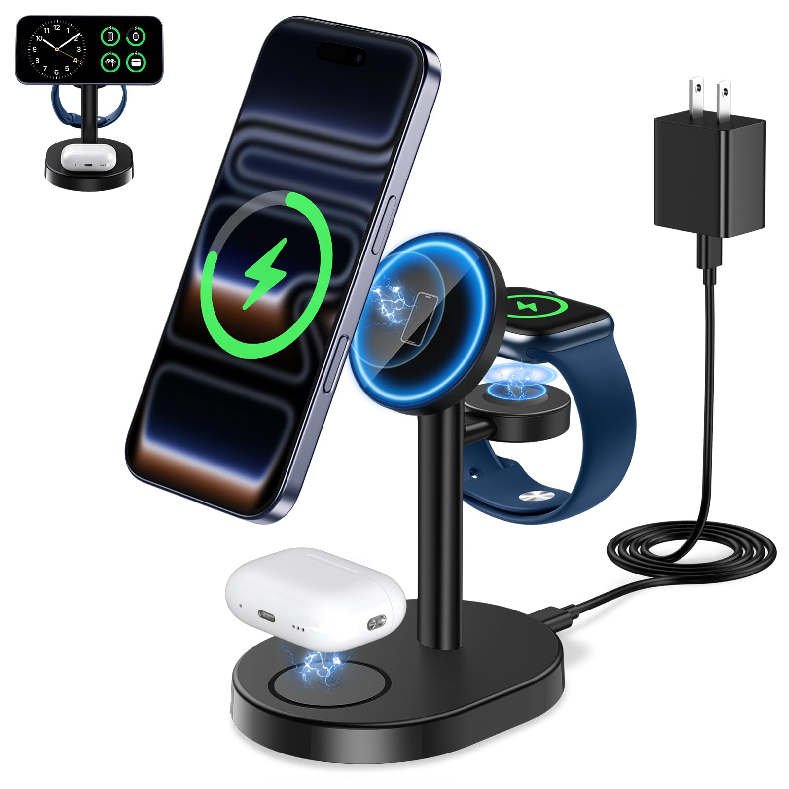 2025 3 in 1 Wireless Charging Station for Apple MagSafe Charger, 15W Fast Magnetic Mag-Safe Charger Stand for iPhone 17 16 15 14 13 12 Apple Watch AirPods Series, Gifts for Men