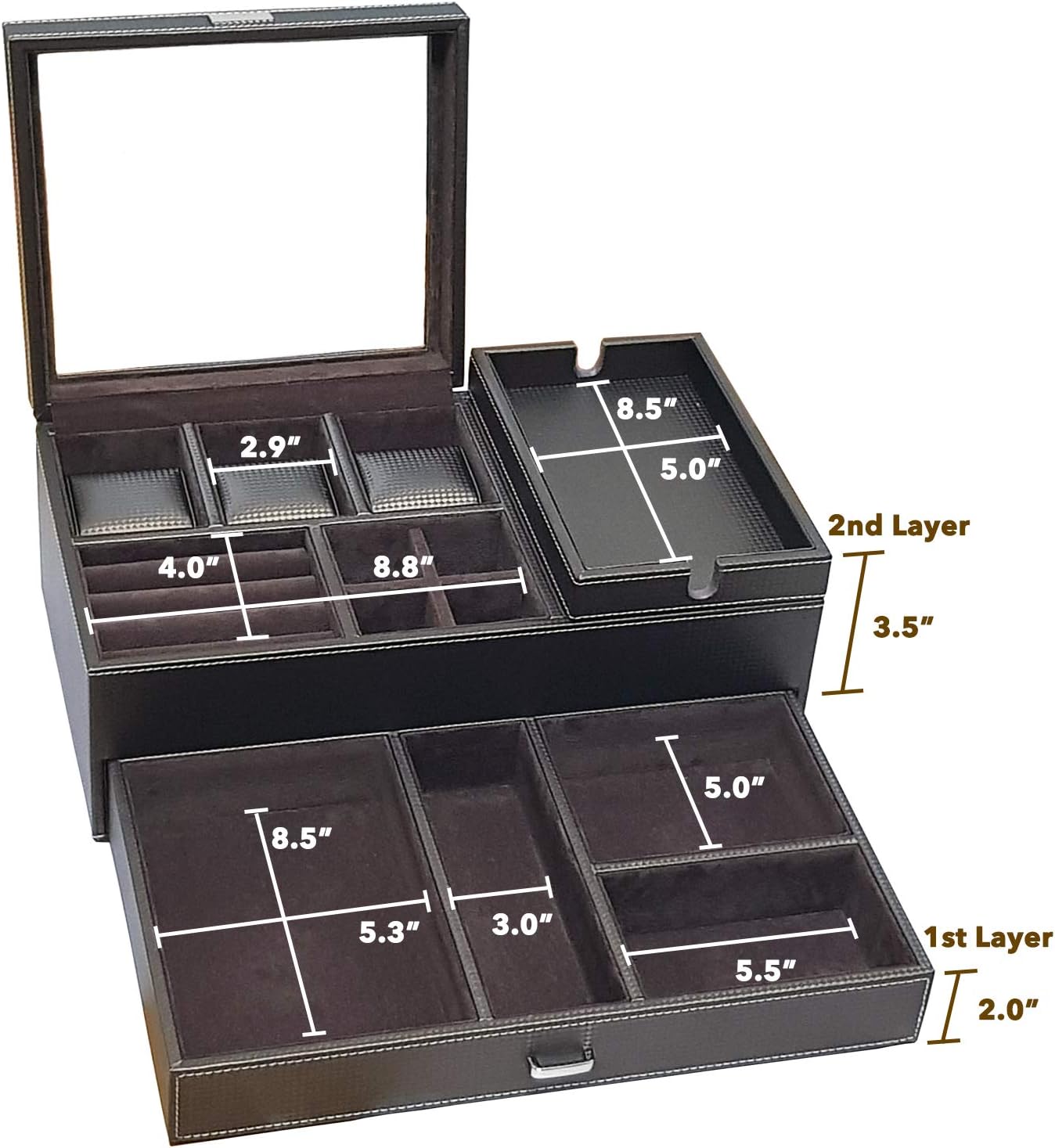 Amiglo Mens Dresser Valet Organizer with Charging Station, Nightstand Drawer Tray, Jewelry Accessories Watches Box, Carbon Fiber Design, PU Leather (Gold Brown): Home Improvement