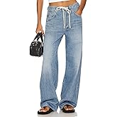 PLNOTME Womens Baggy Wide Leg Jeans Boyfriend Drawstring High Waisted Mom Denim Pants with Pockets