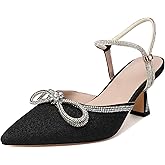 Joseywade Rhinestone Bow Heels Women Pointed Toe Low Heel Pumps Adjustable Ankle Strap Wedding Bridal Party Shoes