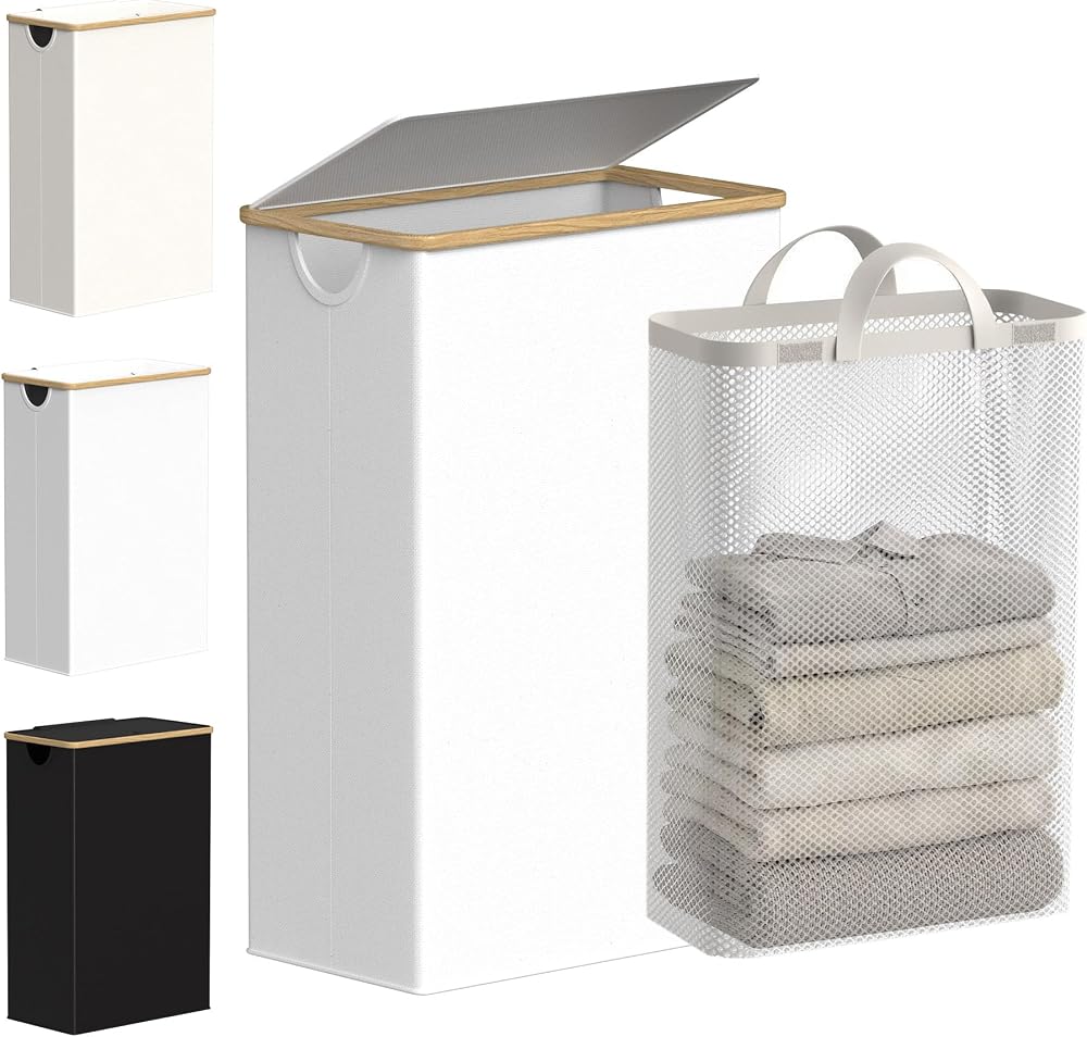 efluky Slim Laundry Basket with Lid 63L Tall Narrow Foldable White