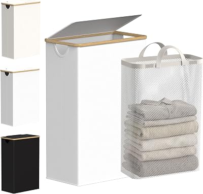 efluky Slim Laundry Basket with Lid 63L Tall Narrow Foldable White