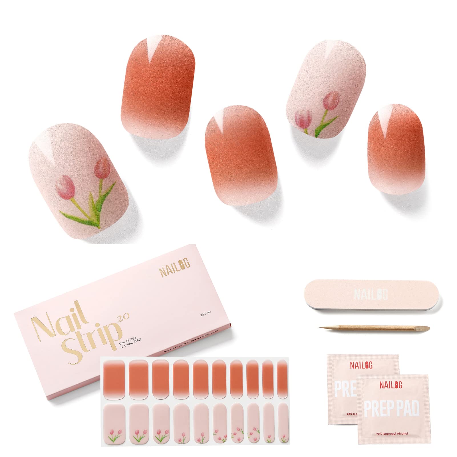 NAILOG Semi Cured Gel Strips (20 Extra Long Stickers), UV/Led Lamp Glossy & Long Lasting Soft Gel Finish Wrap, The Little Tulip — image 1