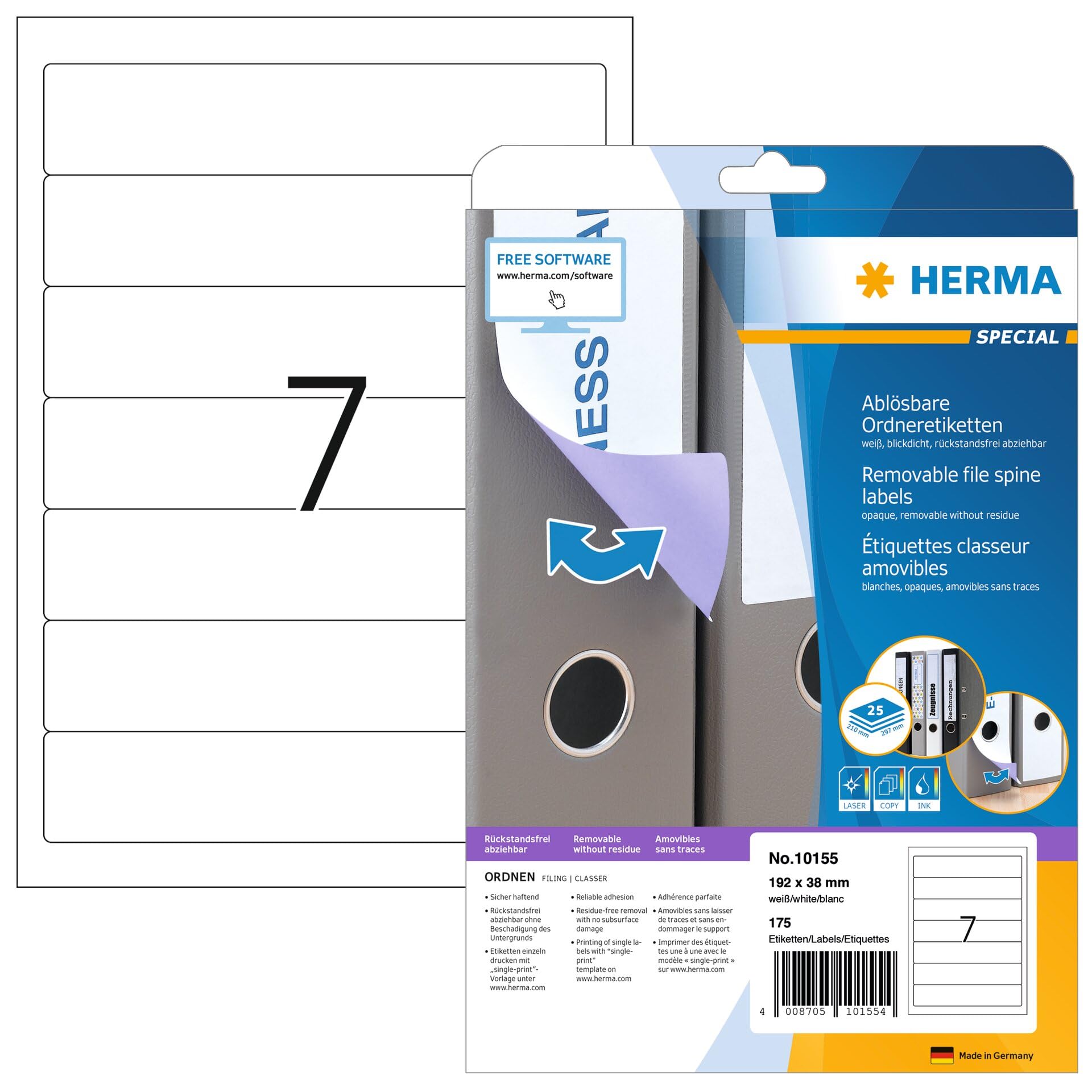 HERMA Self Adhesive Removable Spine Labels, 7 Labels per A4 Sheet, 25 Sheets, 192 x 38 mm, 175 Labels, Blank Lever Arch File Folder Stickers, Sticky Labels for Laser & Inkjet Printer, White