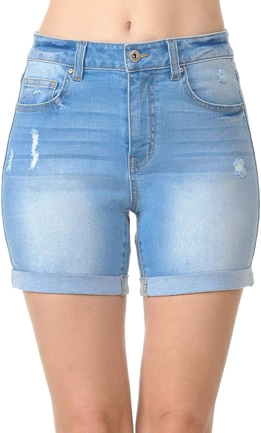 Wax Jeans Women's Juniors High Rise Midi Denim Shorts with Destruction