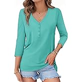 3/4 Length Sleeve Womens Tops Casual V Neck T Shirts Solid Basic Tee Tunic Tops Button Down Shirts Fall Clothes