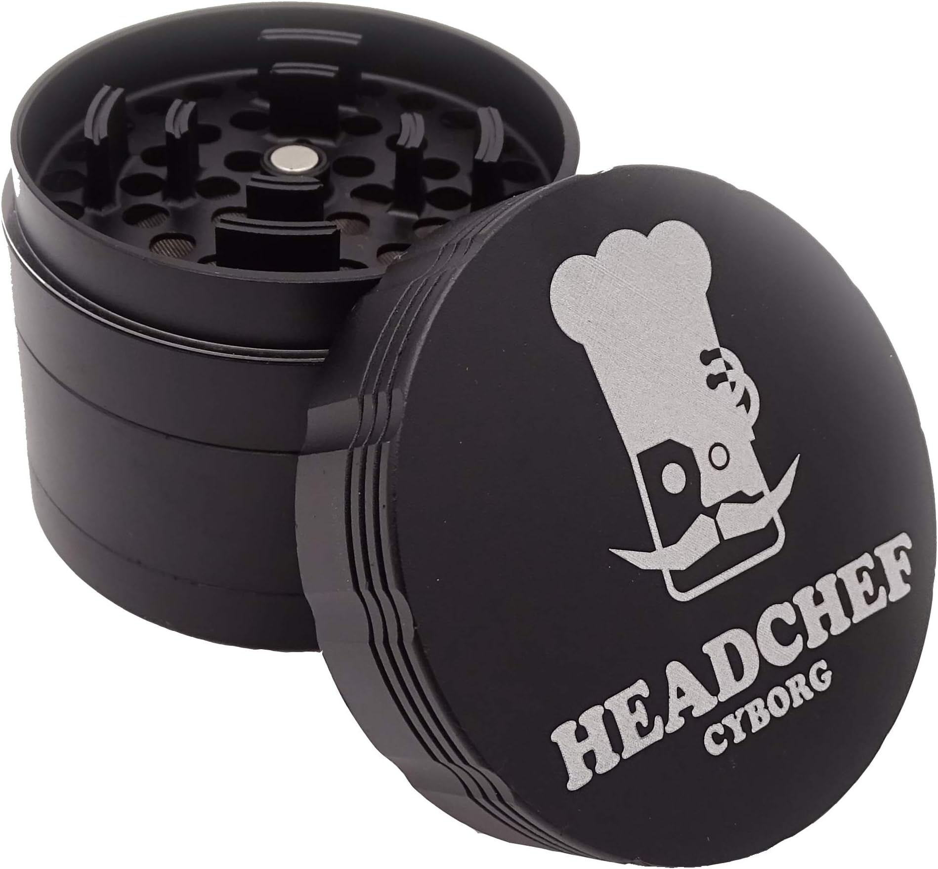 Headchef Cyborg Premium Quality Metal Herb Grinder, No Thread Easy Lock System, 4 Piece Grinder 62mm (Carbon Black)