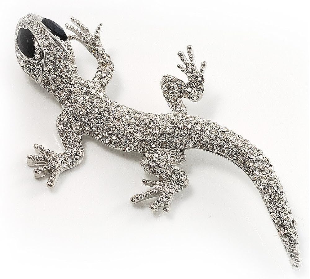 Sparkling Crystal Lizard Brooch, silver, white / ivory, iridescent