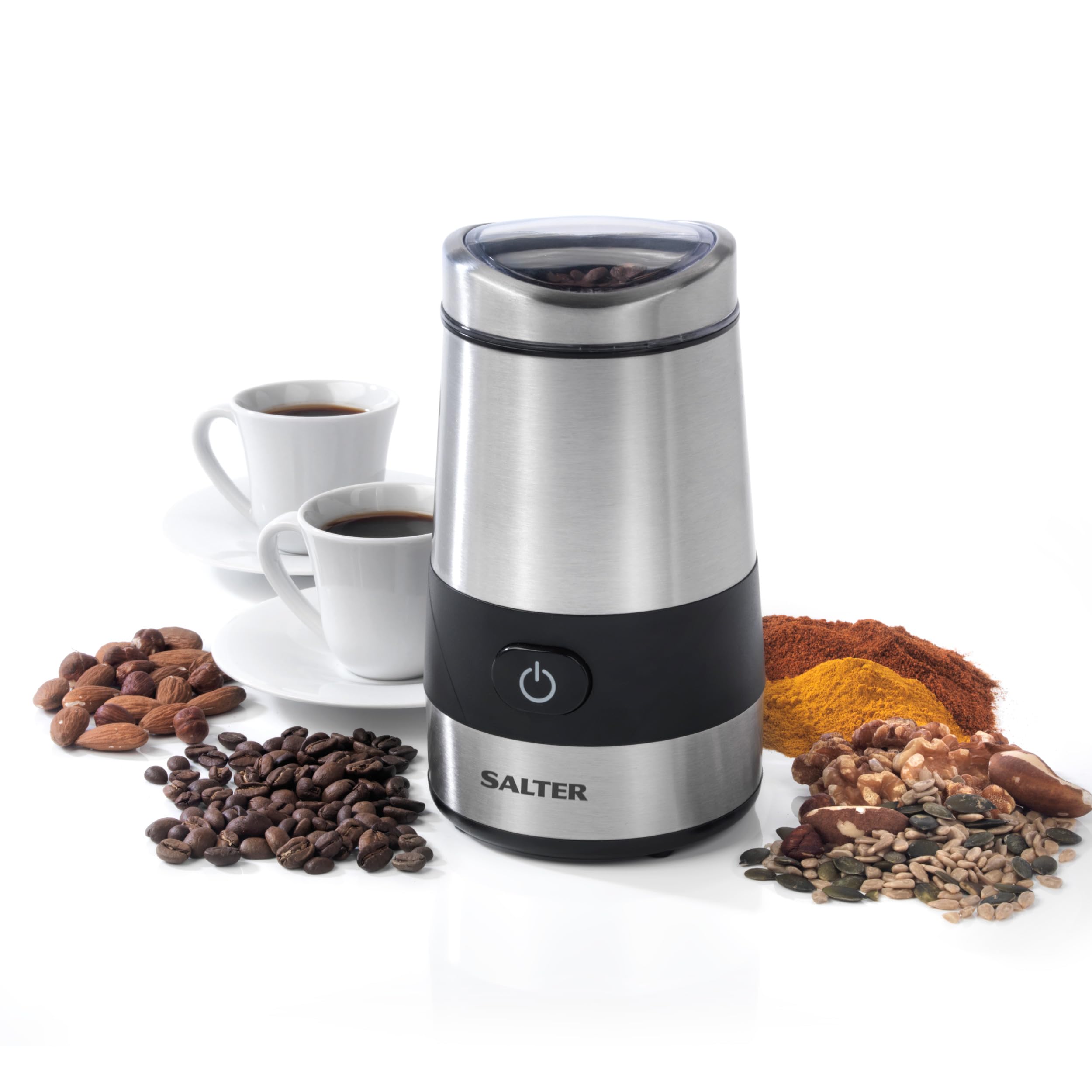Salter Electric Coffee Grinder – Bean, Nut & Spice Grinder, Stainless Steel Blade, 60g Herb Grinding Mill, One Touch Operation, Fast Grinding Machine, Powerful & Compact Transparent Lid, 200W