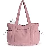 ECOHUB Large Corduroy Tote Bag for Women with Cup Holder & Luggage Sleeve & Laptop Compartment for Work Travel College Casual