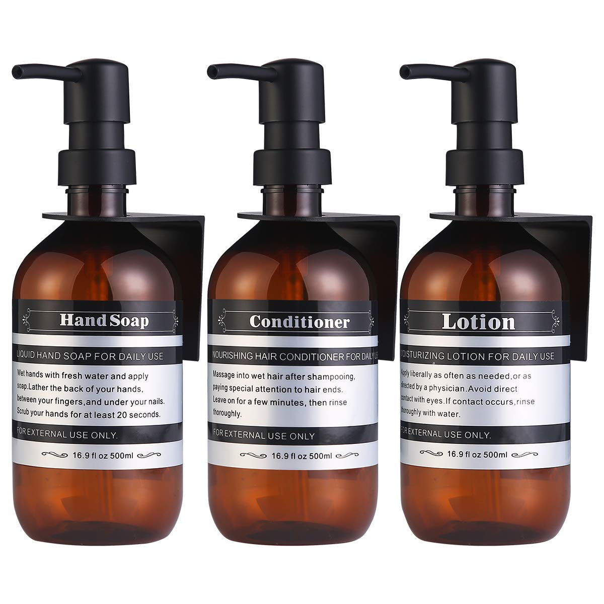 SOOKDEO Bathroom Dispenser Refillable Bottles for Shampoo Conditioner Hand Dish Soap Lotion Oil Shower Soap with Pump & Waterproof Label, 500ml, 3 Pack (Amber, With Wall Mout)