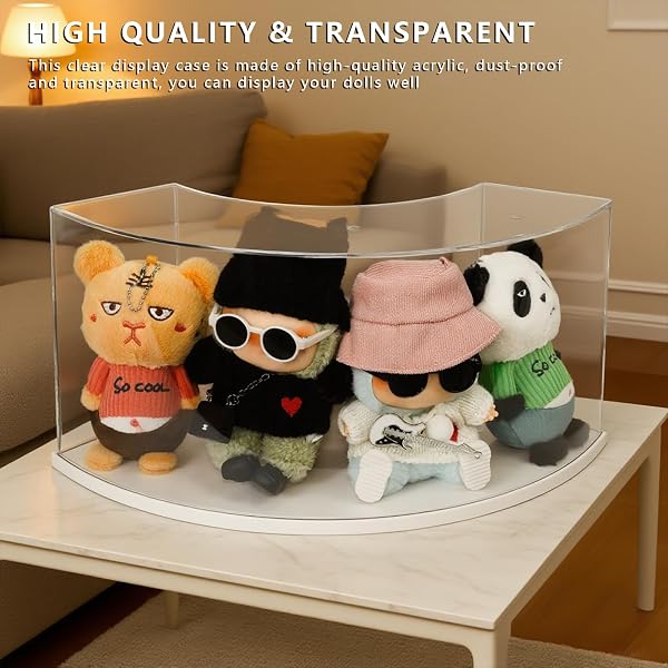 TREAYES ARC-SHAPED CLEAR DOLL DISPLAY CASE COMPATIBLE WITH LABUBU – CURVED CORNER STACKABLE ORGANIZER FOR 7 INCH COLLECTIBLES, DUST-PROOF TOY STORAGE BOX WITH TOP SHELF | NO ASSEMBLY NEEDED