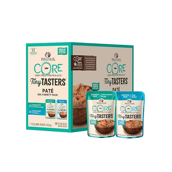 WELLNESS CORE TINY TASTERS PATE ADULT WET CAT FOOD, NATURAL, PROTEIN-RICH, GRAIN FREE, 1.75-OUNCE POUCH, 12 PACK, (SEAFOOD VARIETY PACK)