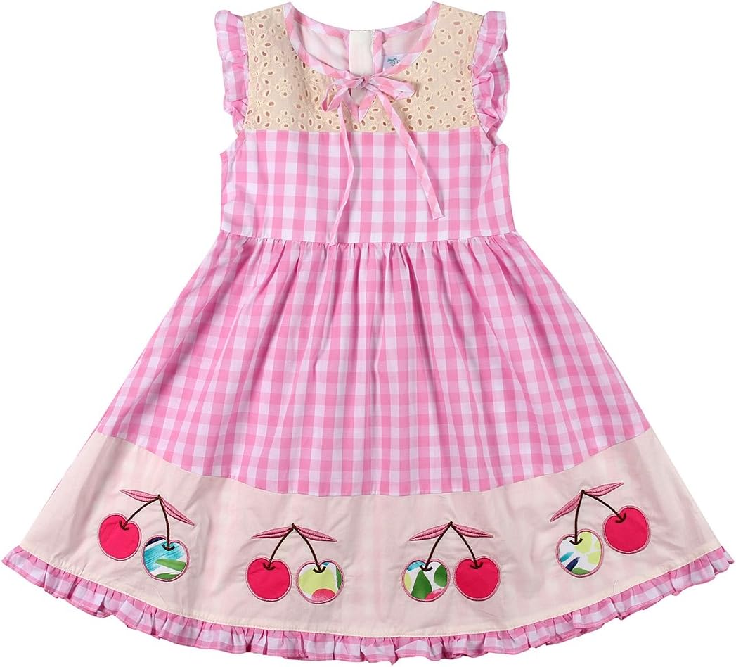Sharequeen Girls Dress Cotton Grid Embroidery Green Color Sleeveless Hollow Design Child Wear 2-10 Years Old #8809