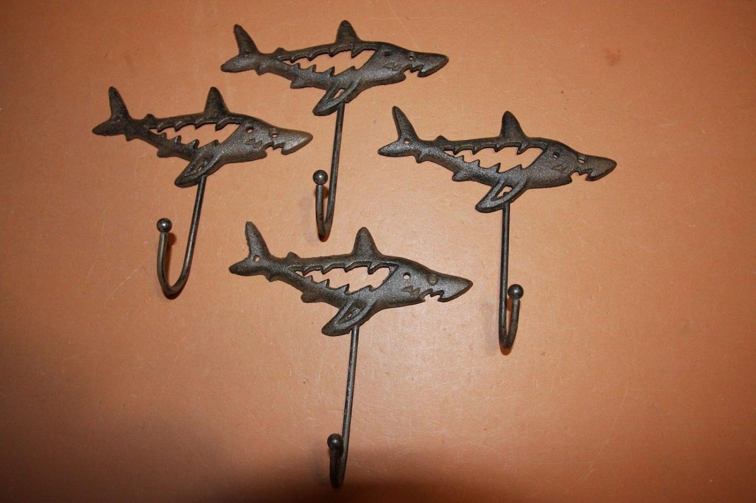 Southern Metal Rustic Brown cast Iron Shark Wall Hooks, Salt Water Fish Ocean Wall Decor, Set of 4 N-37