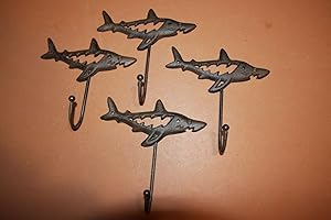 Southern Metal Rustic Brown cast Iron Shark Wall Hooks, Salt Water Fish Ocean Wall Decor, Set of 4 N-37