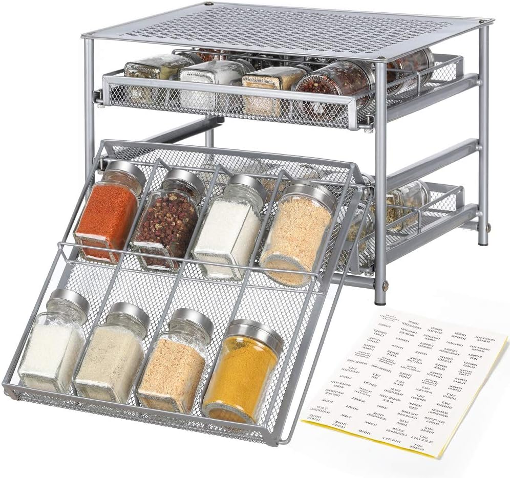 NEX Spice Rack Organizer for Cabinet, 3 Tier 24-Bottle Spice Drawer Storage for Kitchen Pantry Countertop, Metal, Silver: Home Improvement