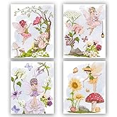 TANXM Fairy Garden Wall Art, Magic Fairy Poster, Flower Fairy Print,Fantasy Nature Poster,Psychedelic Fungi Wall Decor, Girls Room Decor - Set of 4(8"X10", No Frame