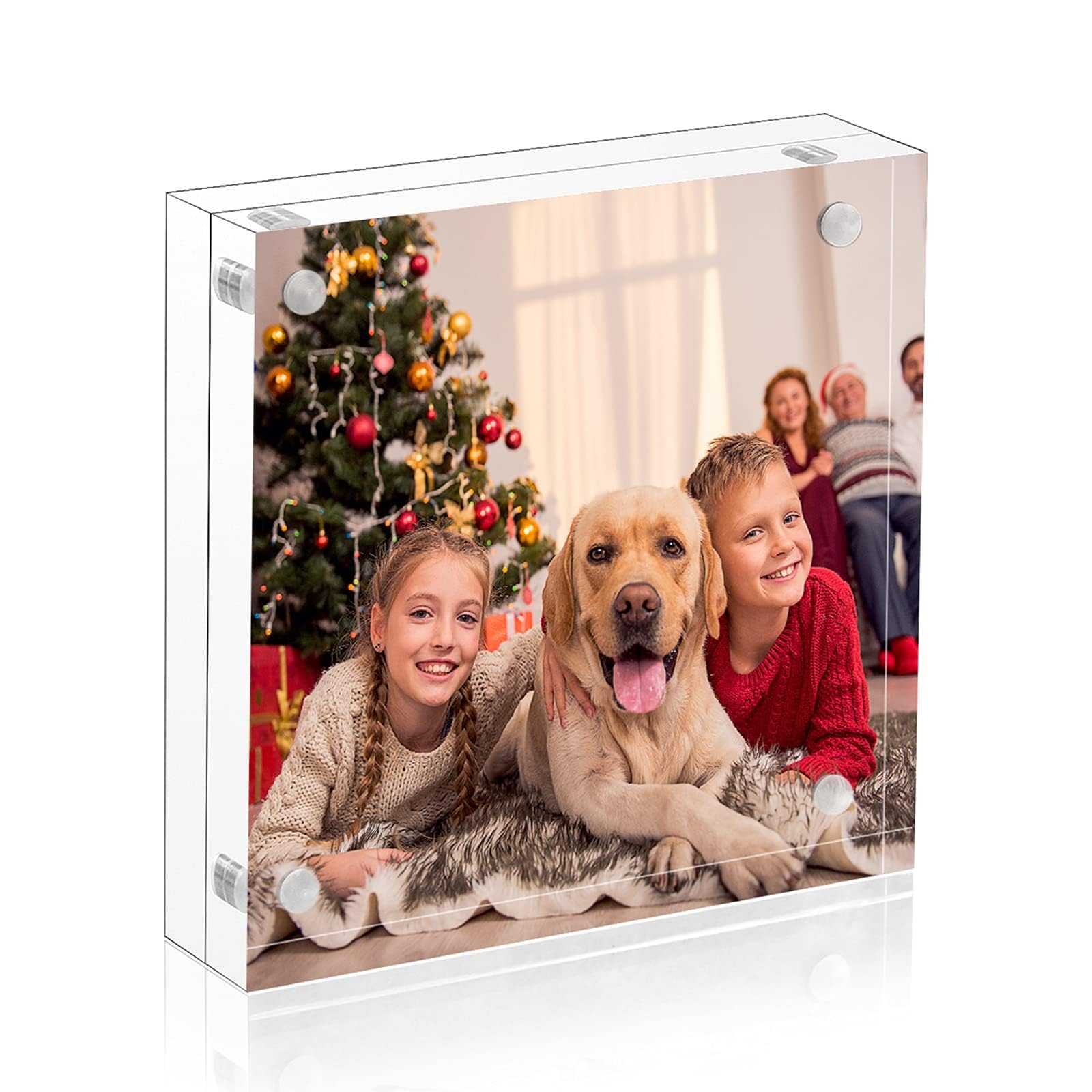 NIUBEE 5x5 Clear Acrylic Picture Frames 20% Thicker Blocks with Gift Box Package, Self Standing Magnetic Photo Frame, Frameless Desktop Card Display