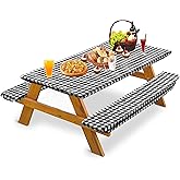 bealy Picnic Table Cover with Bench Covers, 3 Piece Set Vinyl Tablecloth Waterproof Checkered Fitted Picnic Table Covers with Elastic Edge for Outdoor Indoor Patio Camping Party, 72X30 Inch