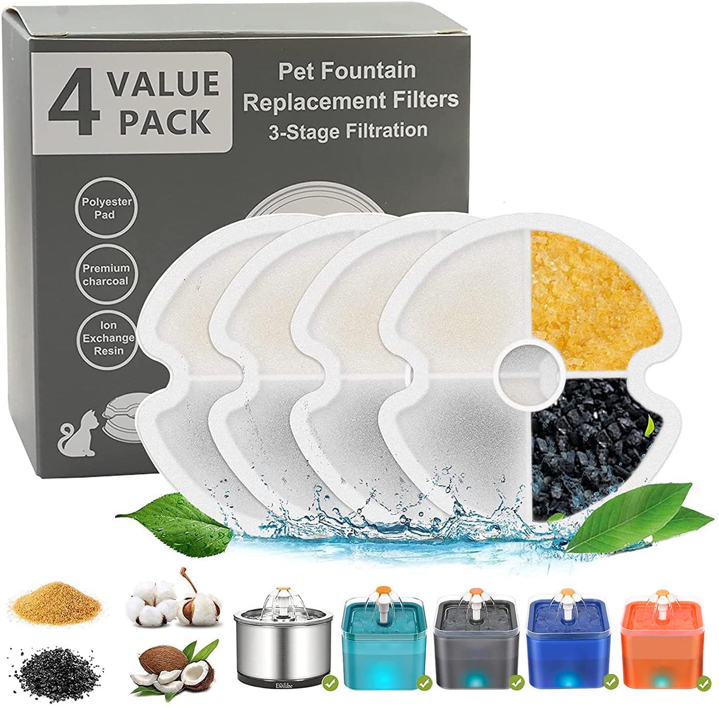 Ewilibe Drinking Fountain Filter Filter for Cats and Dogs, Stainless Steel Cat Fountain Water Fountain Filter with Activated Carbon Filter (White, Pack of 4)