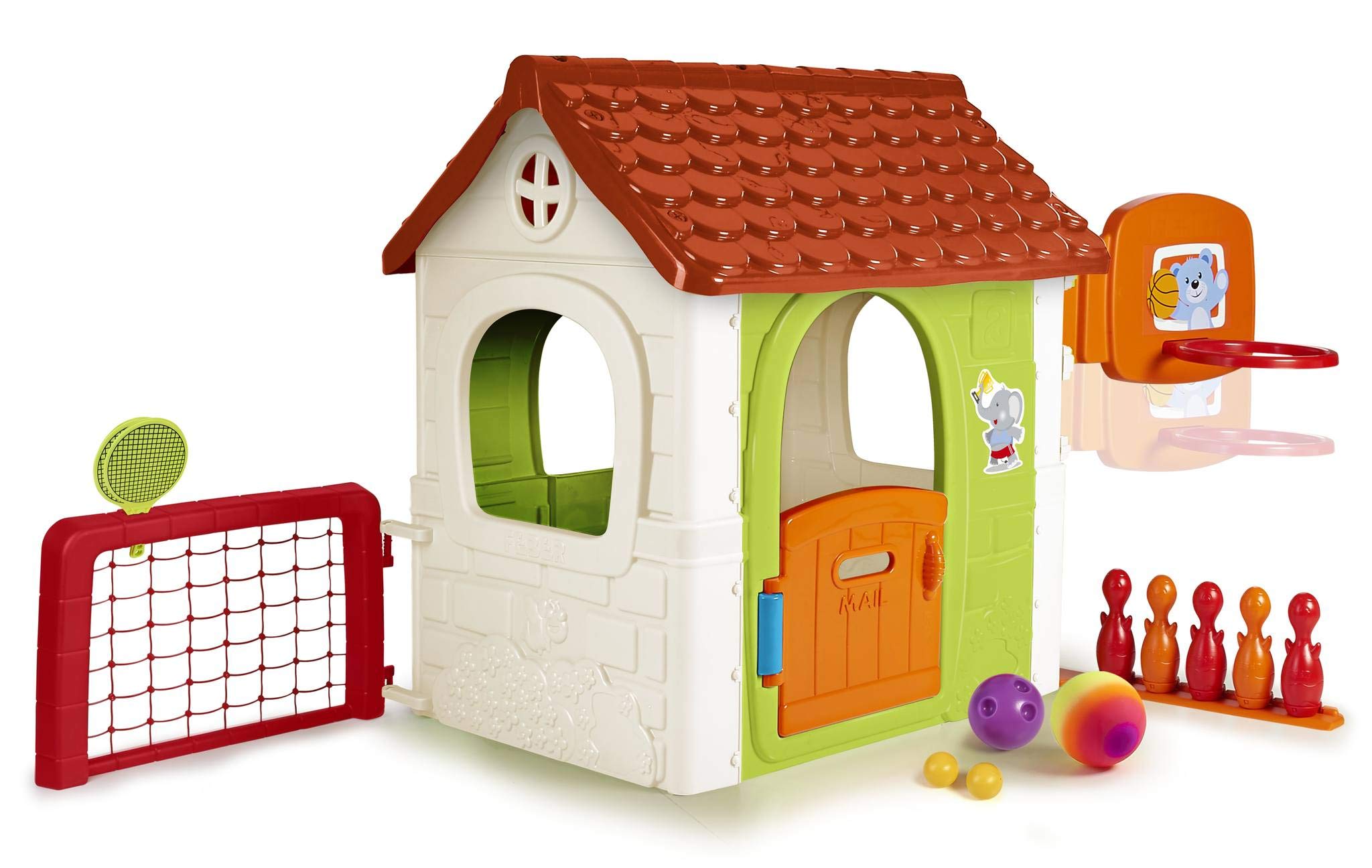 Feber - 6 in 1 Activity House, with extra games: tennis, football, basketball, bowling and bullseye, recommended for children from 3 years (Famosa 800012606)
