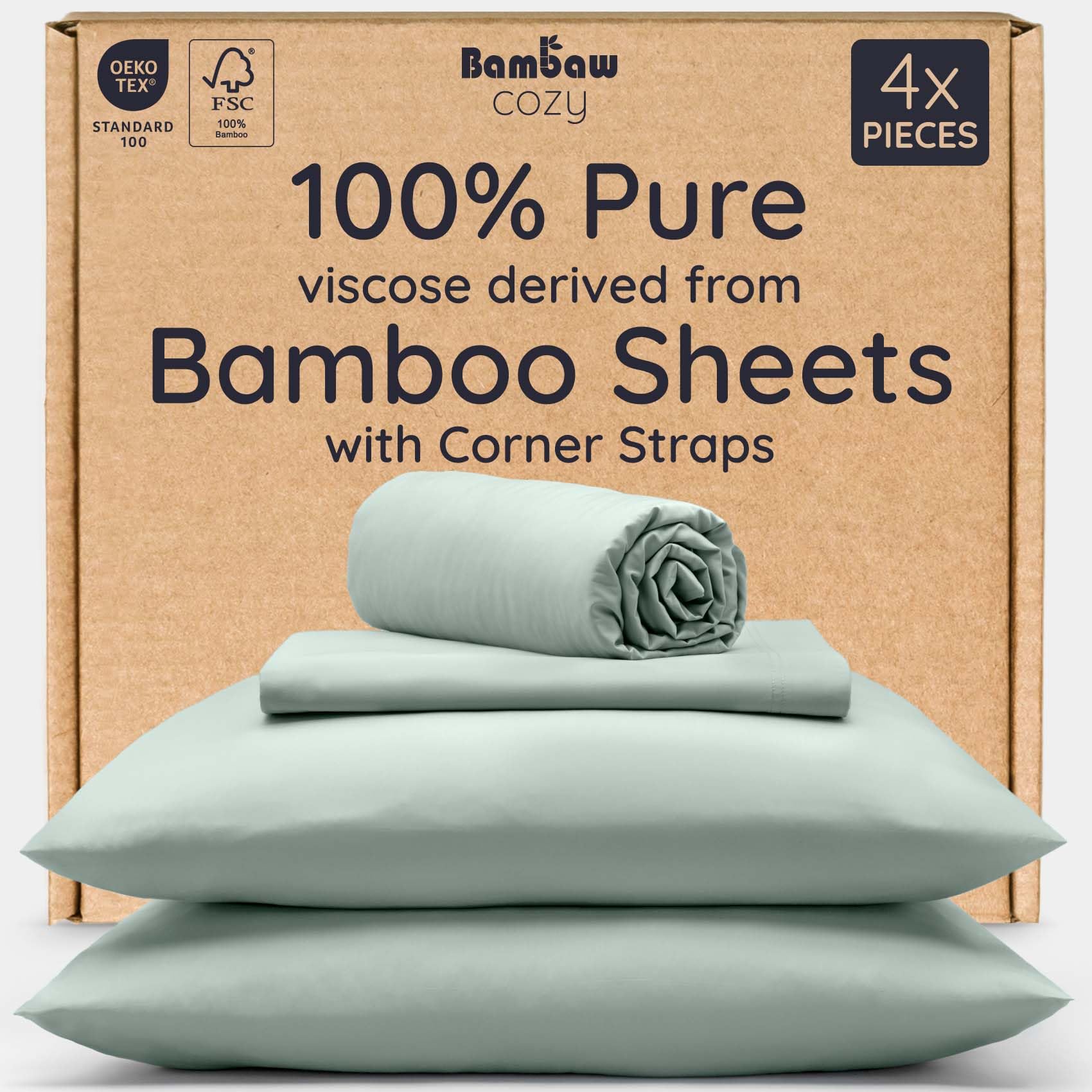 Bambaw 100% Viscose Derived from Bamboo Sheets Queen Size Deep Pocket Set – 4pcs Hotel Luxury Bedding Set, Fits Up to 16'' with Elastic Corner Straps, Ultra Soft Cooling Sheets Queen Size (Sea Glass)