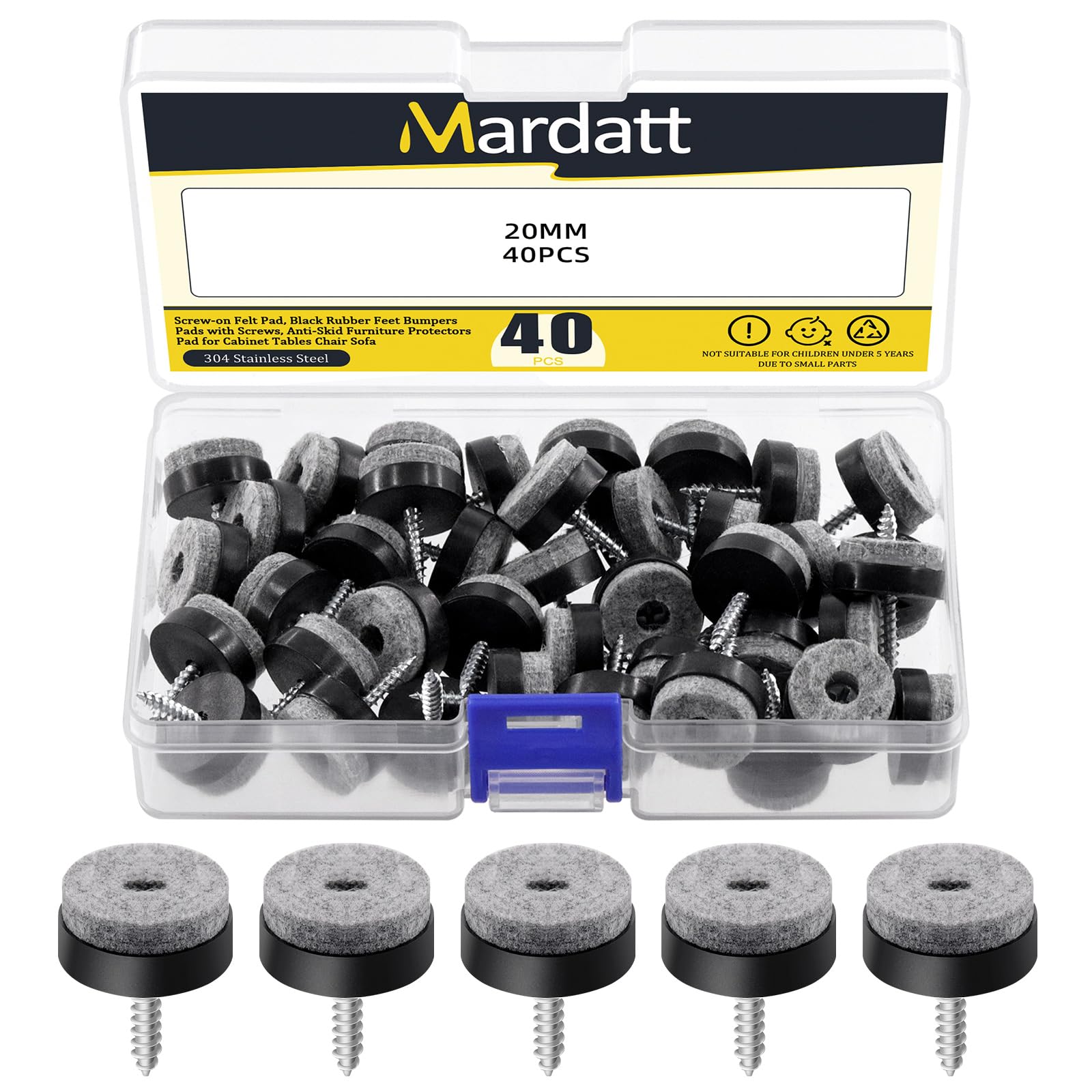 Mardatt 40Pcs Screw on Felt Chair Pads, Non Slip Felt Furniture Pads with Screw Felt Pads for Furniture Floor Chair Leg Protectors Furniture Sliders for Hardwood Tile Floors - 20mm/ 0.78"