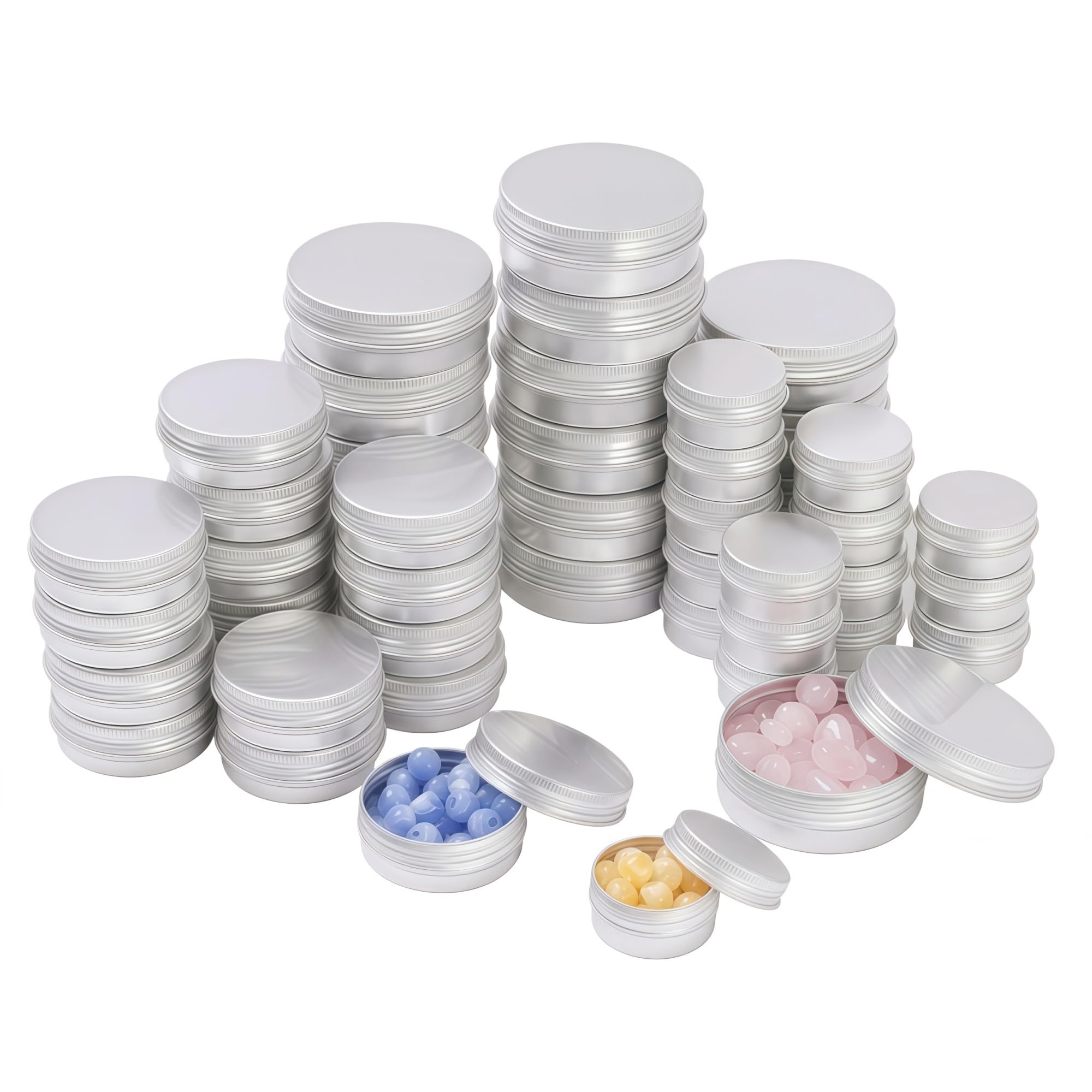 LJY 48 Pack Round Silver Metal Tins with Screw Lids, Mixed Sizes(0.5oz,1oz,2oz)-Aluminium Travel Containers for Toiletries, Lip Balm Making Kit, Candle Tins and Small Jars for Workshop Screw Storage