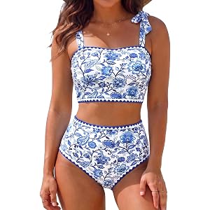 Yonique Women Tie Shoulder High Waisted Bikini Set Two Piece Swimsuit | Full Coverage, Tummy Control, Longline, Removable Pad