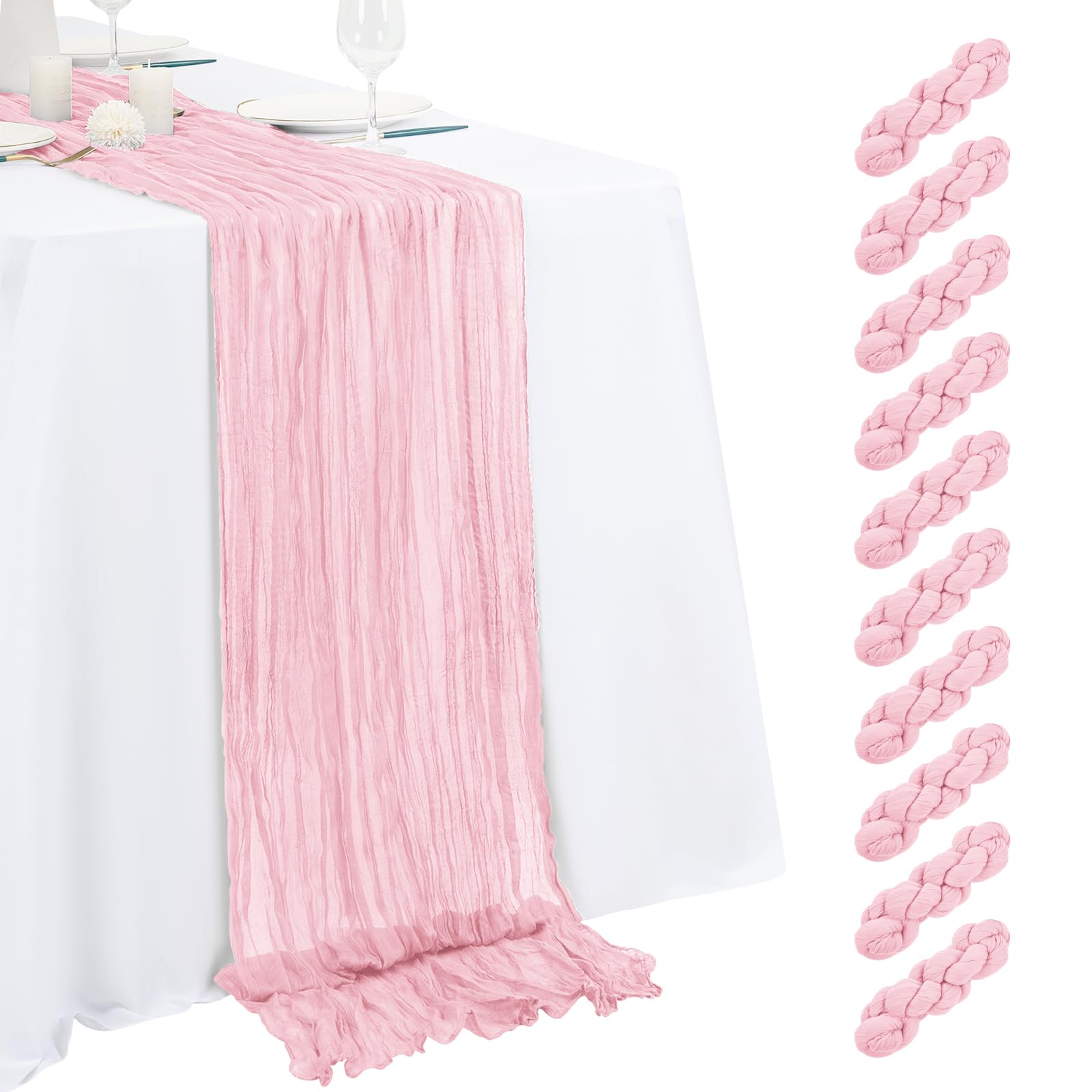 Photo 1 of 10 Pack Light Pink Cheesecloth Table Runner 17x108 Inch Semi Sheer Boho Gauze Cheese Cloth Table Runners, for Wedding Bridal Shower Birthday Party Home Decor Garden Farmhouse